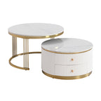 Modern 2-piece White Circular Nested Coffee Table With Drawers, 27.6 Inches