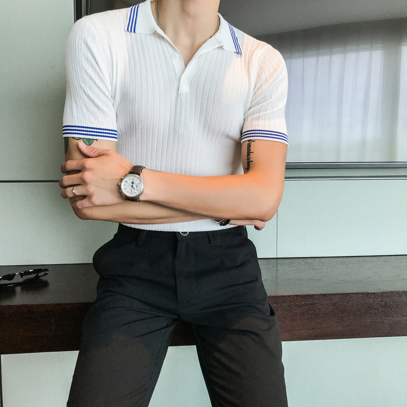 Striped Contrast Color Lapel Knit Men's Business T-Shirt