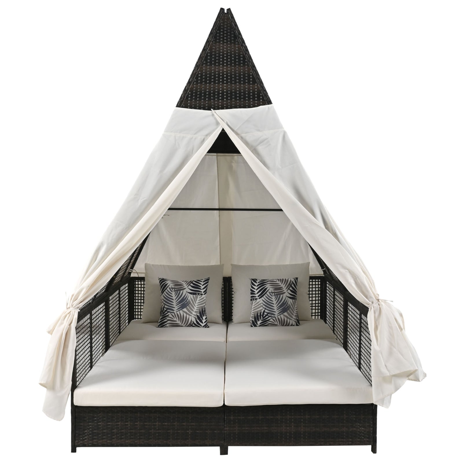 Outdoor Daybed With Adjustable Backrest And Curtains, Double Sun Lounger