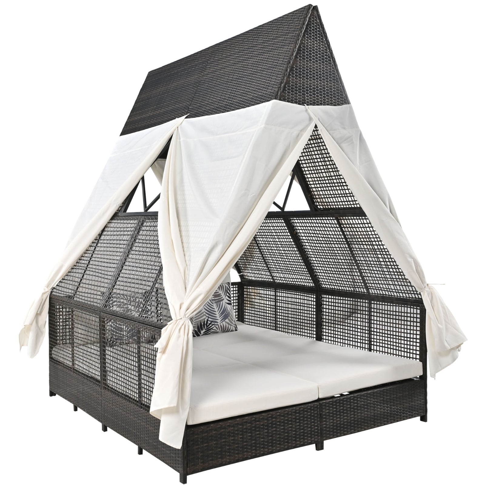 Outdoor Daybed With Adjustable Backrest And Curtains, Double Sun Lounger