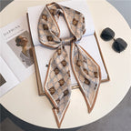 Thin Narrow Long Shirt Scarf Houndstooth Design Double Layer Imitated Silk Scarves Women's Hair Tie