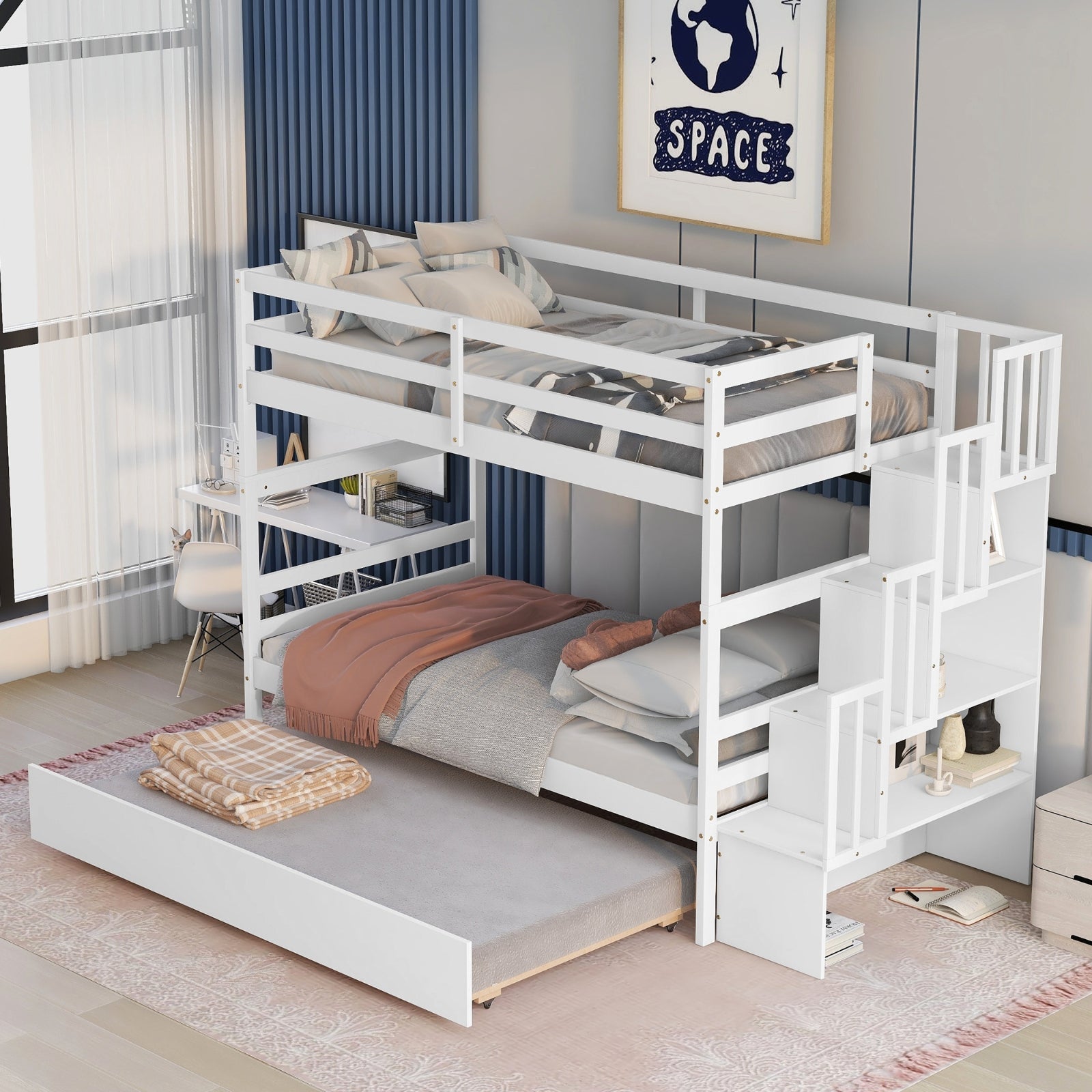 Twin Bunk Beds With Trundle & Stairway Storage In White