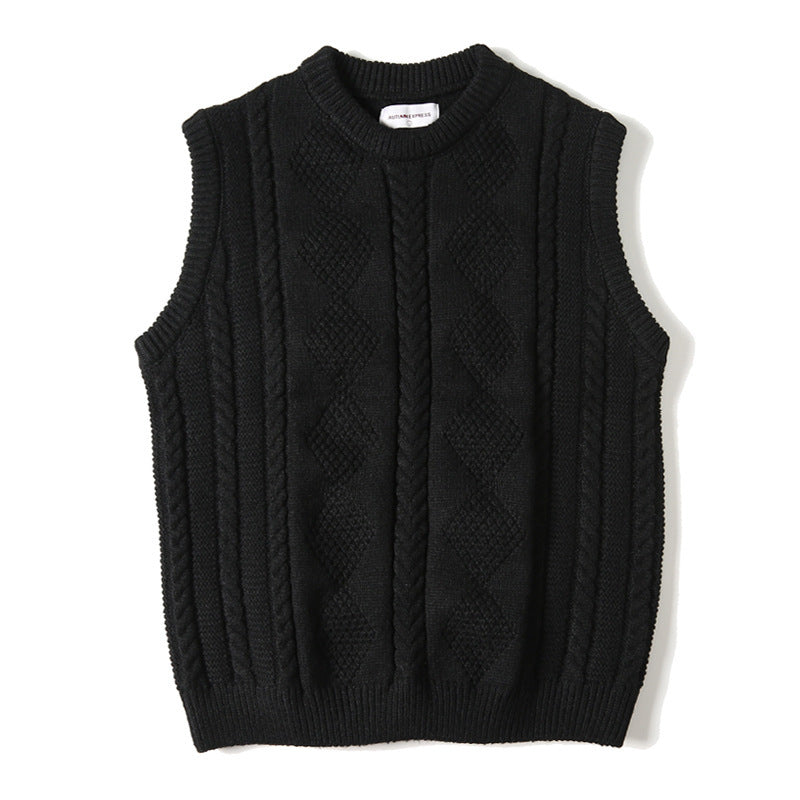 Jacquard Round Neck Knitted Loose Thickened Cable-knit Sweater Vest