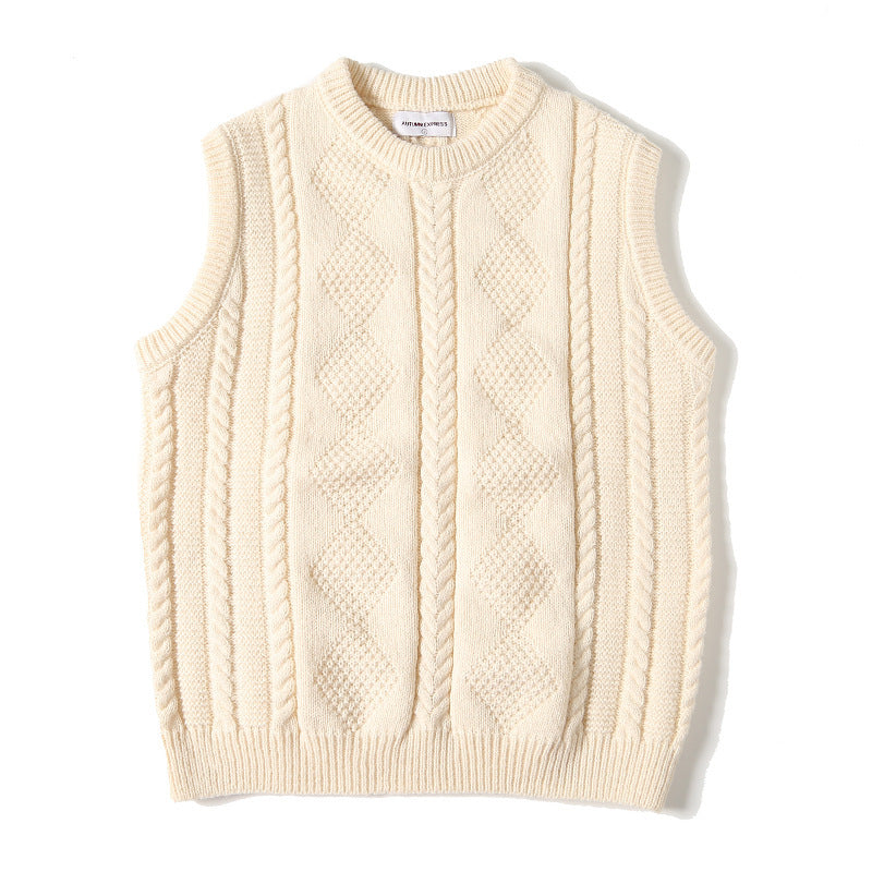 Jacquard Round Neck Knitted Loose Thickened Cable-knit Sweater Vest
