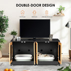 Double Litter Box Enclosure,Cat Litter Box Enclosure For 2 Cats, Hidden Litter Box Furniture With Rattan Doors, 47 L X 19.8 W X 21.8  H,Black