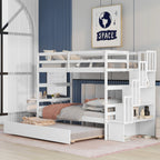 Twin Bunk Beds With Trundle & Stairway Storage In White