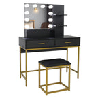 Black, Particleboard, Steel Frame, Two-drawer, Three-tier Shelf, Dressing Table Set, Three-tone Light, Light Luxury