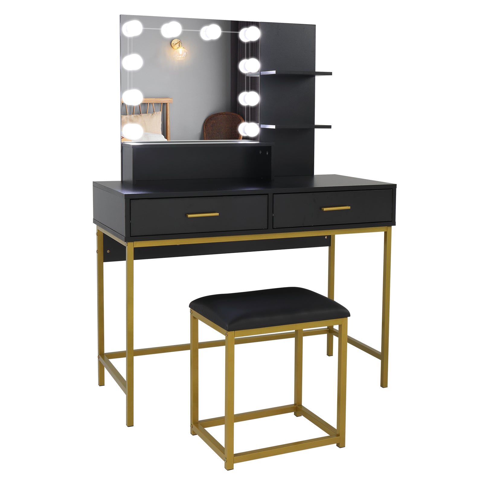 Black, Particleboard, Steel Frame, Two-drawer, Three-tier Shelf, Dressing Table Set, Three-tone Light, Light Luxury