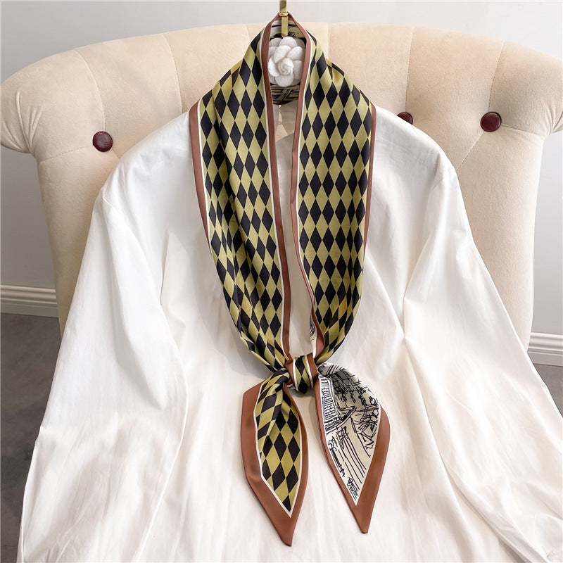 Thin Narrow Long Shirt Scarf Houndstooth Design Double Layer Imitated Silk Scarves Women's Hair Tie