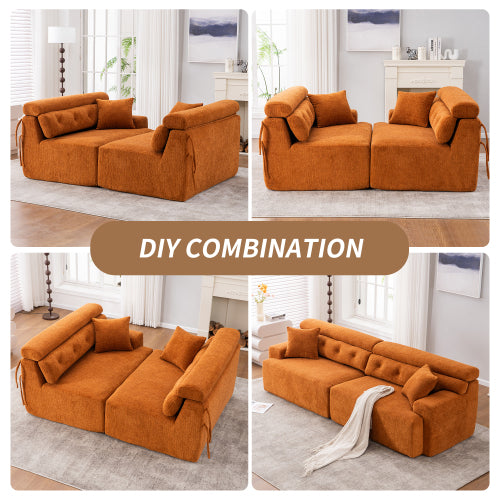 LY-029 ORANGE COMPRESSION SOFA 4-seater Combined Sofa, Wood Grain Chenille Fabric, Full Sponge Compression Sofa,combined Sofa With 2 Pillows For Living  Home Furniture  Apartment