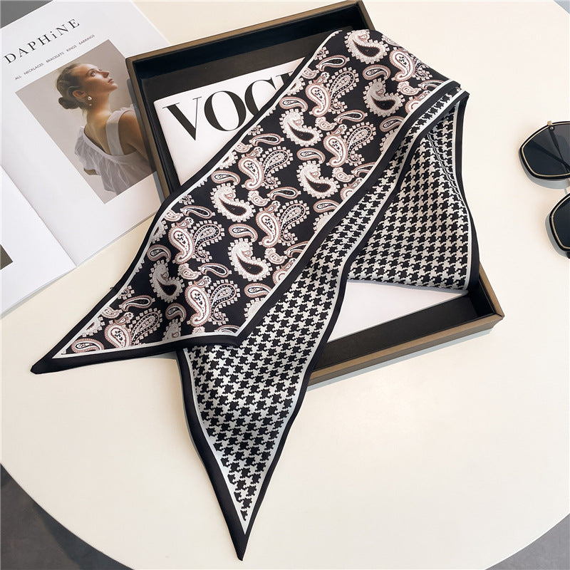 Thin Narrow Long Shirt Scarf Houndstooth Design Double Layer Imitated Silk Scarves Women's Hair Tie