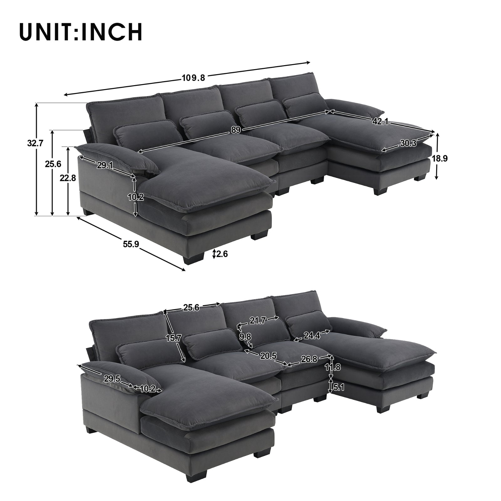 New Modern U-shaped Sectional Sofa, 6-Seat With Waist Pillows 109.8 55.9
