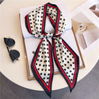 Thin Narrow Long Shirt Scarf Houndstooth Design Double Layer Imitated Silk Scarves Women's Hair Tie