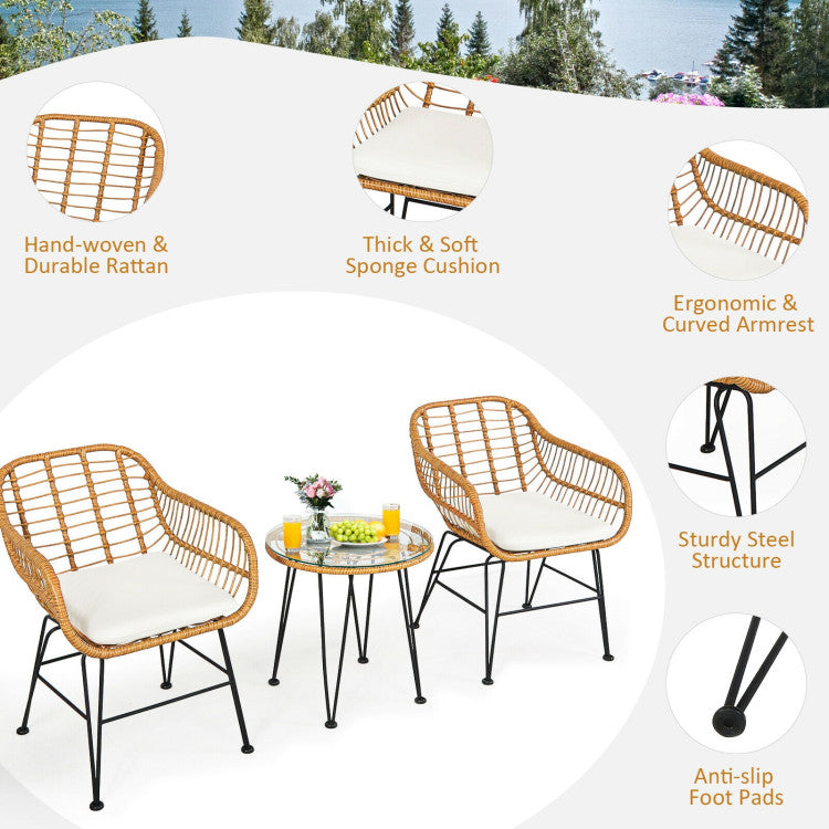 3 Pieces Rattan Furniture Set With Cushioned Chair Table
