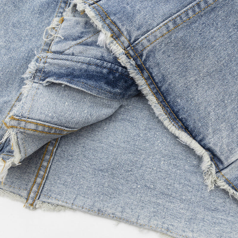 High Street Tide Wash Raw Edges Design Lapel Denim Jacket