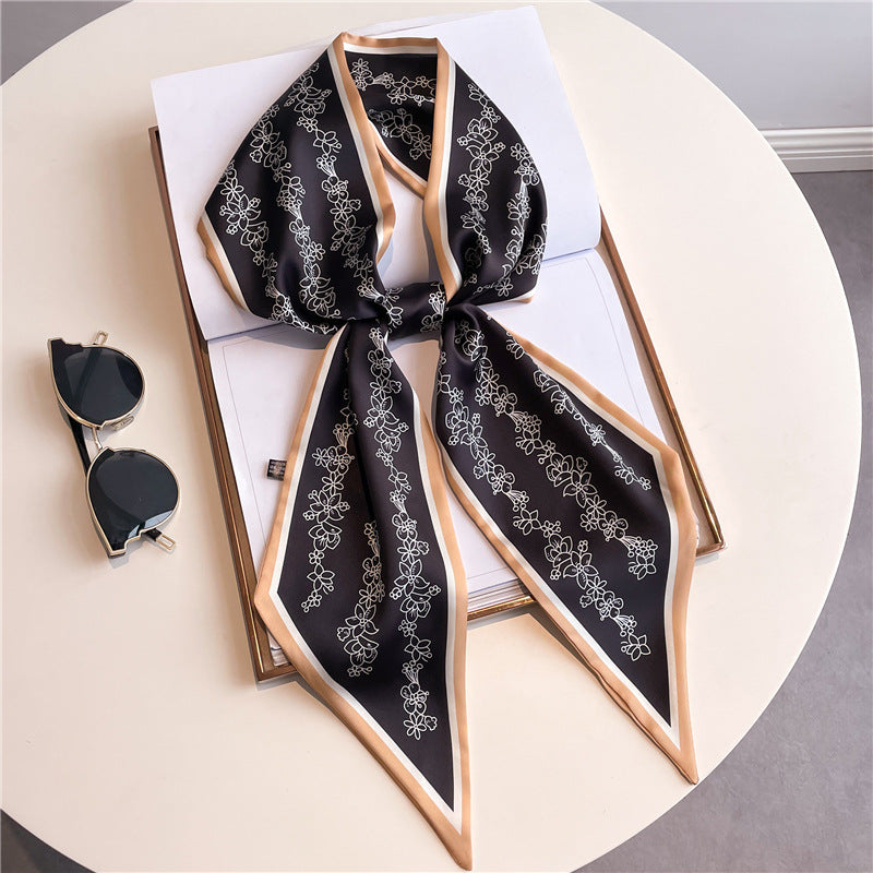 Thin Narrow Long Shirt Scarf Houndstooth Design Double Layer Imitated Silk Scarves Women's Hair Tie