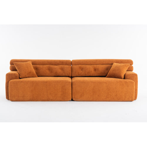 LY-029 ORANGE COMPRESSION SOFA 4-seater Combined Sofa, Wood Grain Chenille Fabric, Full Sponge Compression Sofa,combined Sofa With 2 Pillows For Living  Home Furniture  Apartment