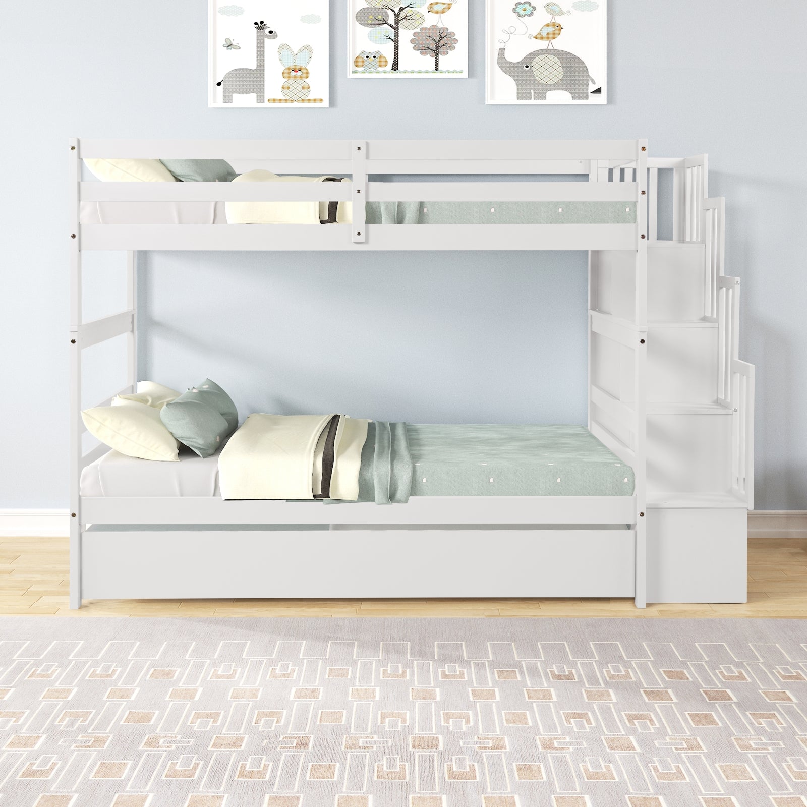Twin Bunk Beds With Trundle & Stairway Storage In White