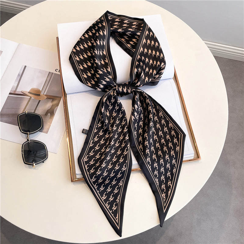 Thin Narrow Long Shirt Scarf Houndstooth Design Double Layer Imitated Silk Scarves Women's Hair Tie