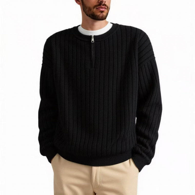 Half Zipper Loose Pullover Texture Knitted Sweater Men