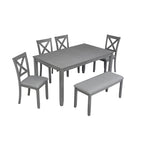 6 Piece Kitchen Dining Set, Rectangular Wooden Dining Table With 4 Upholstered Chairs And A Bench, Dining Table Set For 6 People, Living Room, Home Bar And Kitchen, Gray