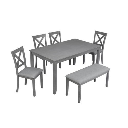 6 Piece Kitchen Dining Set, Rectangular Wooden Dining Table With 4 Upholstered Chairs And A Bench, Dining Table Set For 6 People, Living Room, Home Bar And Kitchen, Gray