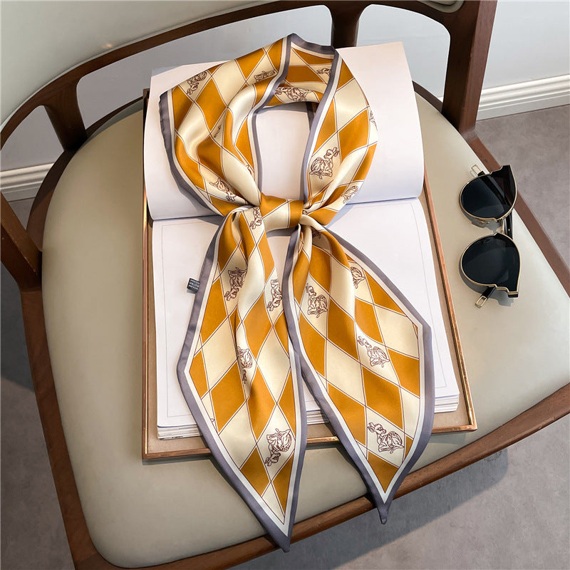 Thin Narrow Long Shirt Scarf Houndstooth Design Double Layer Imitated Silk Scarves Women's Hair Tie