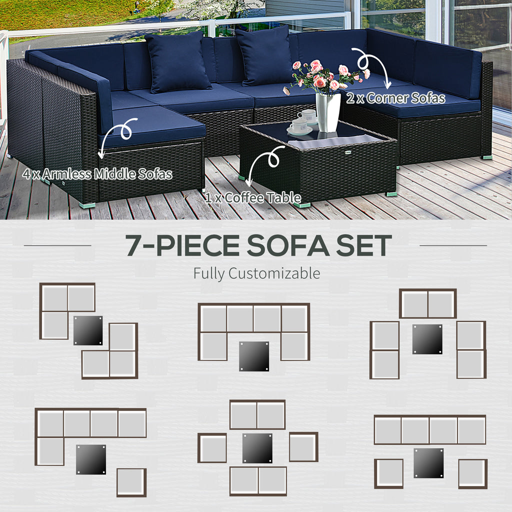 7-Piece Rattan Couch, Outdoor Patio Furniture Set, With Removable Cushions And Ottoman, Glass Coffee Table- Dark Coffee  Blue