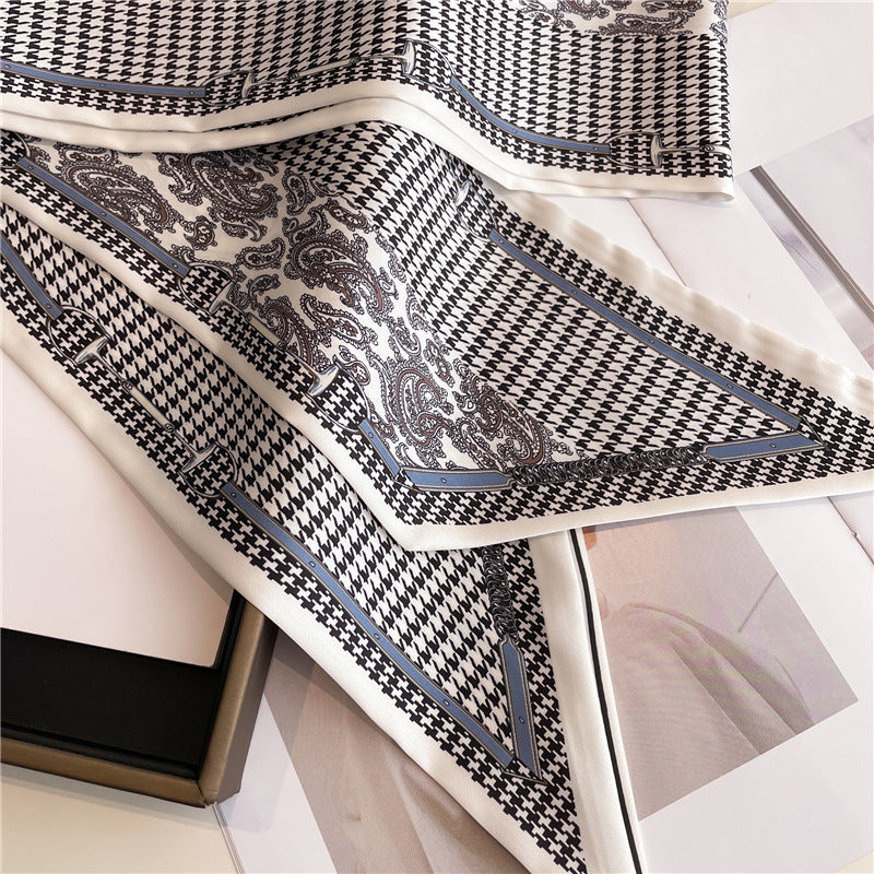 Thin Narrow Long Shirt Scarf Houndstooth Design Double Layer Imitated Silk Scarves Women's Hair Tie