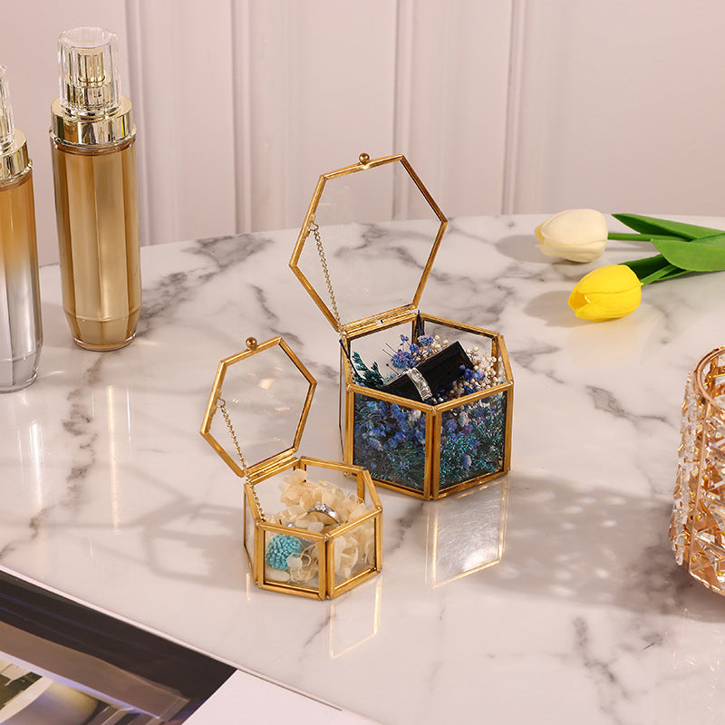 Mini Gold Eternal Flower Hexagon  Glass Jewellery Ring Box
