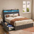 Full Size Bed Frame With LED, 4 Under-bed Portable Storage Drawers, Wings Headboard Design