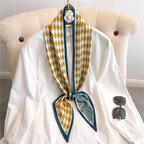 Thin Narrow Long Shirt Scarf Houndstooth Design Double Layer Imitated Silk Scarves Women's Hair Tie