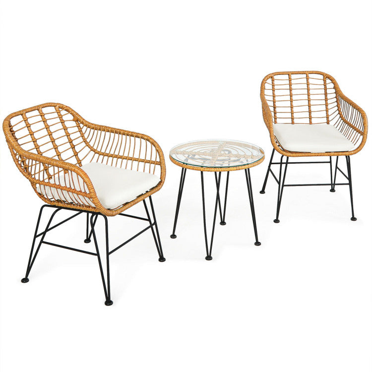 3 Pieces Rattan Furniture Set With Cushioned Chair Table