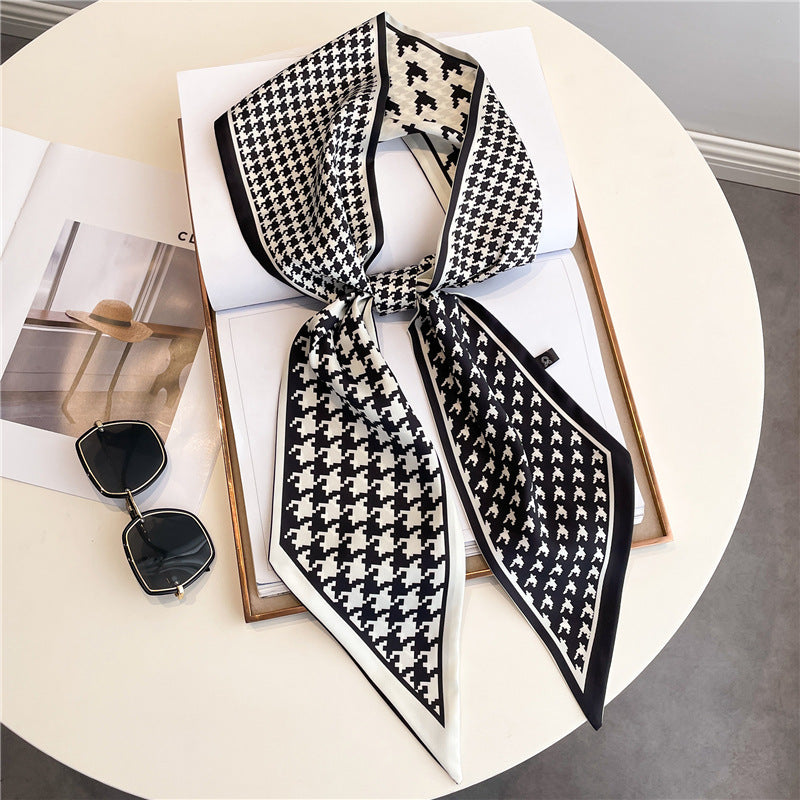 Thin Narrow Long Shirt Scarf Houndstooth Design Double Layer Imitated Silk Scarves Women's Hair Tie
