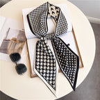 Thin Narrow Long Shirt Scarf Houndstooth Design Double Layer Imitated Silk Scarves Women's Hair Tie