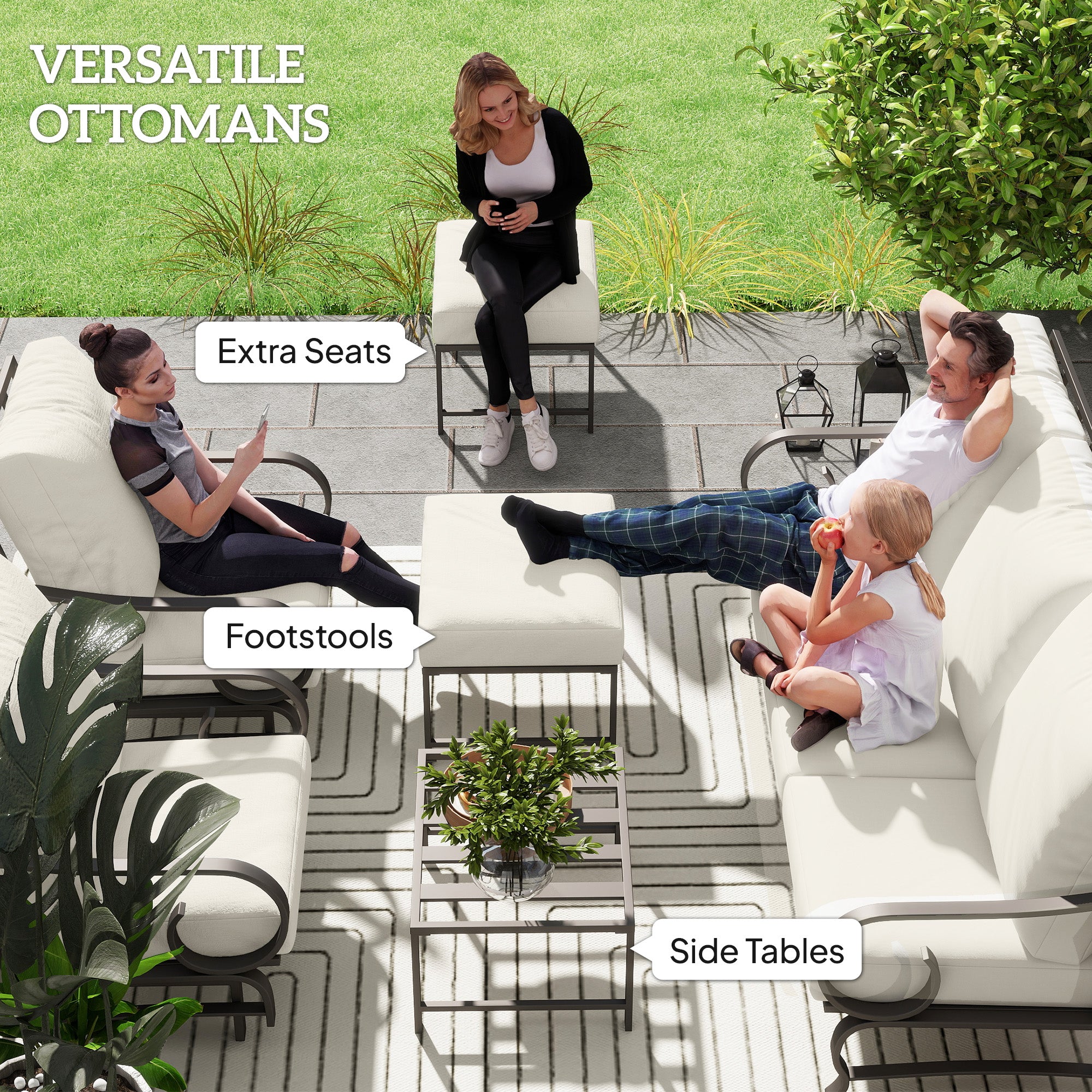 5 Piece Backyard Patio Furniture Set, Outdoor Furniture Set With 2 Rocking Chairs, 3-Seat Sofa, And 2 Ottomans, Beige