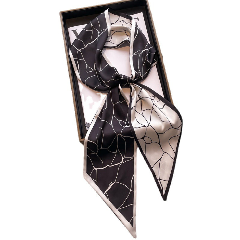 Thin Narrow Long Shirt Scarf Houndstooth Design Double Layer Imitated Silk Scarves Women's Hair Tie