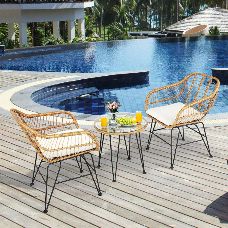 3 Pieces Rattan Furniture Set With Cushioned Chair Table