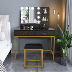 Black, Particleboard, Steel Frame, Two-drawer, Three-tier Shelf, Dressing Table Set, Three-tone Light, Light Luxury
