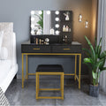 Black, Particleboard, Steel Frame, Two-drawer, Three-tier Shelf, Dressing Table Set, Three-tone Light, Light Luxury