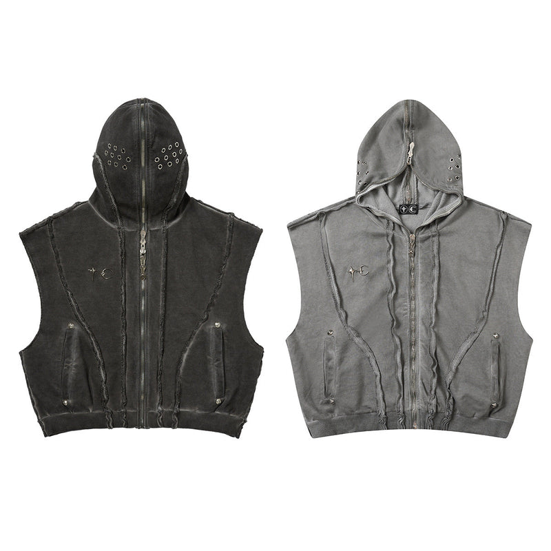 Men's Wash Dirty Dyed Patchwork Sweater Short Sleeveless Hoodie