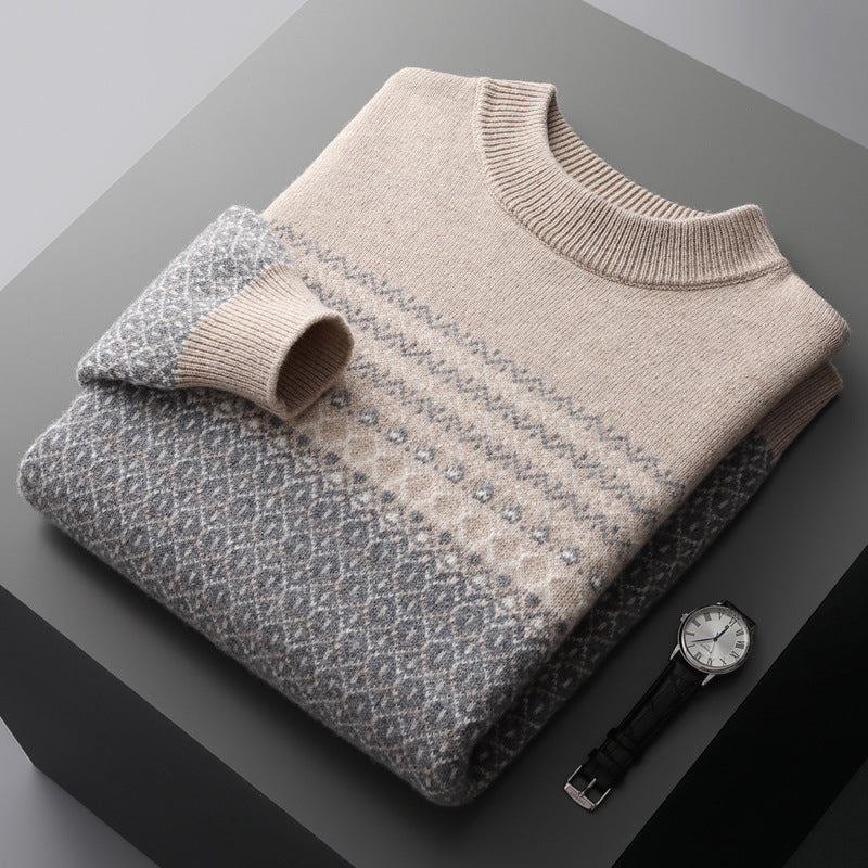 Men's Pure Wool Loose-fitting Casual Round-neck Color Matching Sweater