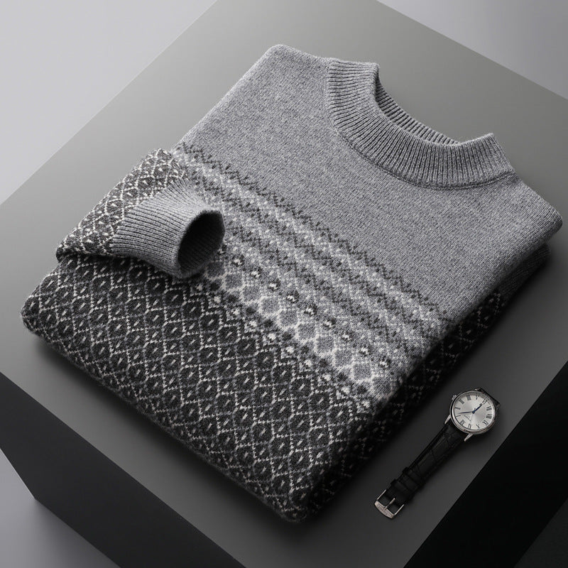 Men's Pure Wool Loose-fitting Casual Round-neck Color Matching Sweater