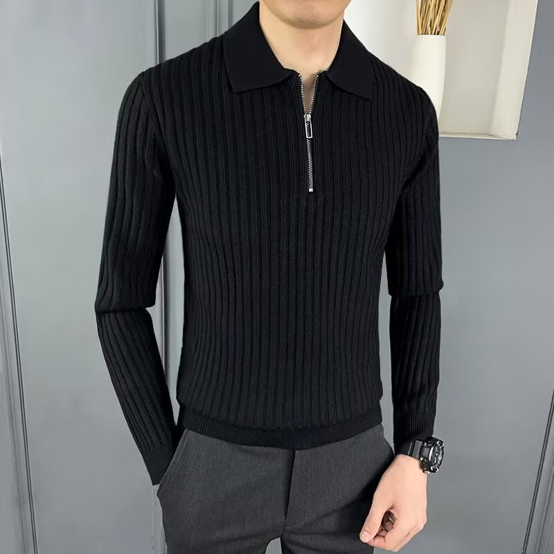 Warm Polo Collar Stripes Long Sleeve Pullover sweater