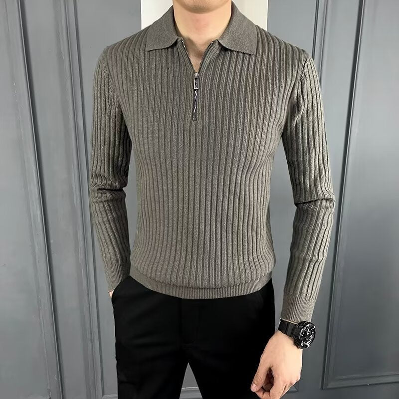 Warm Polo Collar Stripes Long Sleeve Pullover sweater
