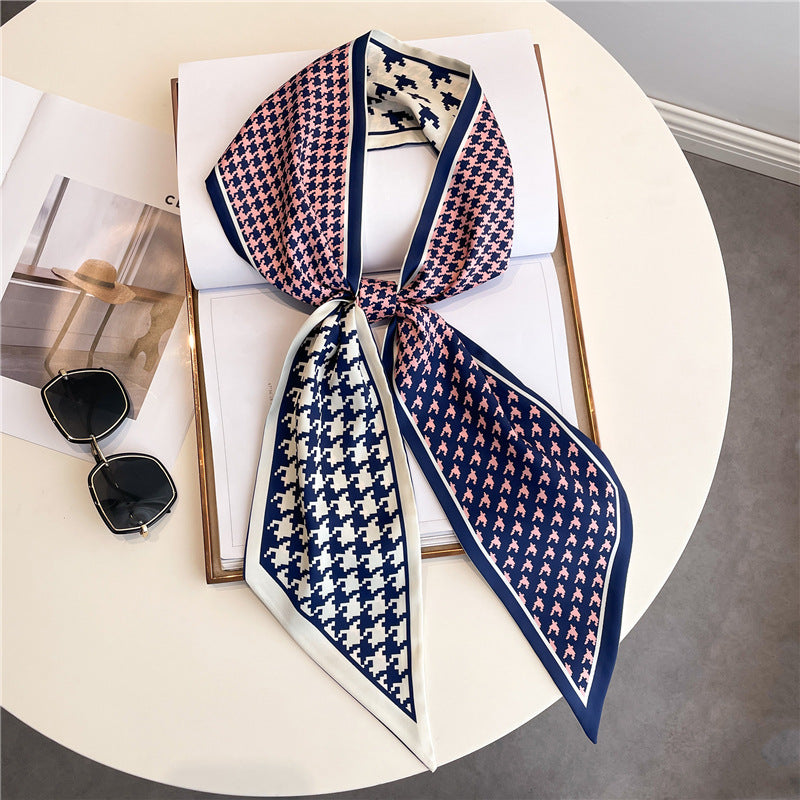 Thin Narrow Long Shirt Scarf Houndstooth Design Double Layer Imitated Silk Scarves Women's Hair Tie