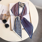 Thin Narrow Long Shirt Scarf Houndstooth Design Double Layer Imitated Silk Scarves Women's Hair Tie