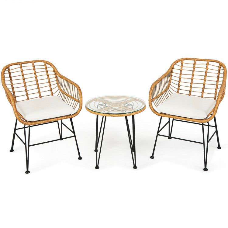 3 Pieces Rattan Furniture Set With Cushioned Chair Table