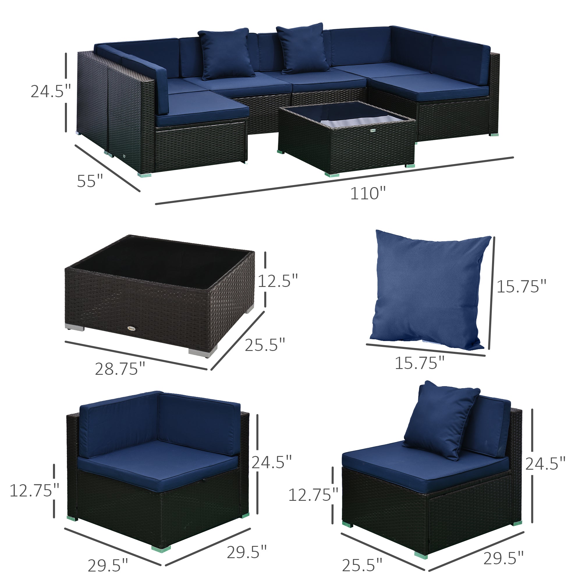 7-Piece Rattan Couch, Outdoor Patio Furniture Set, With Removable Cushions And Ottoman, Glass Coffee Table- Dark Coffee  Blue
