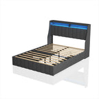 Full Size Bed Frame With LED, 4 Under-bed Portable Storage Drawers, Wings Headboard Design